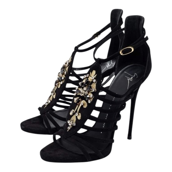 ✨GIUSEPPE ZANOTTI✨Sexy Black Crystal Embellished T-Bar Sandal Heel - Picture 1 of 12